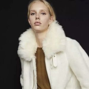 Zara Off White Faux Fur Aviator Biker Jacket XS